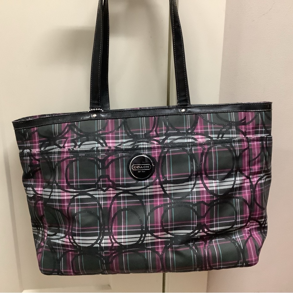 Coach Plaid Tote in Black and Pink